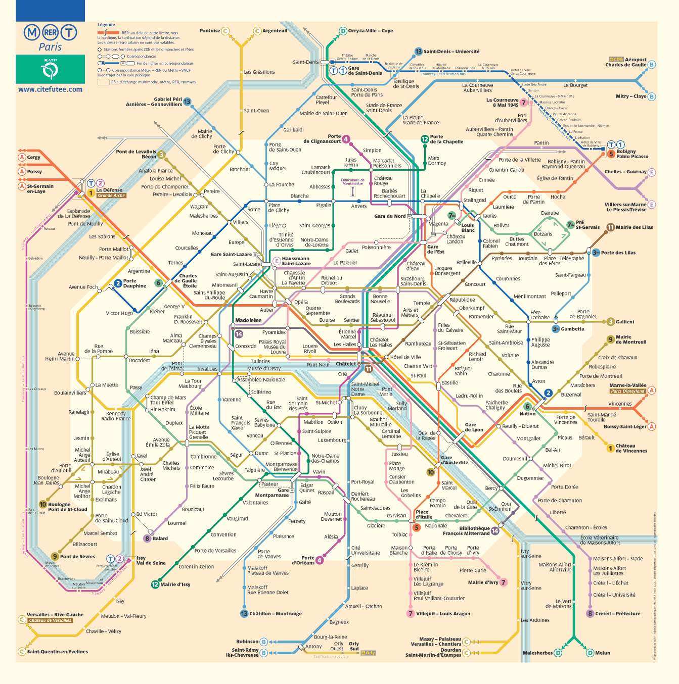 metro map of paris from ratp with all the stations and the direction in paris to go to the marias nad saint-germain des pres, to visit the left bank anf the historical places, to find an apartment for rent in paris.