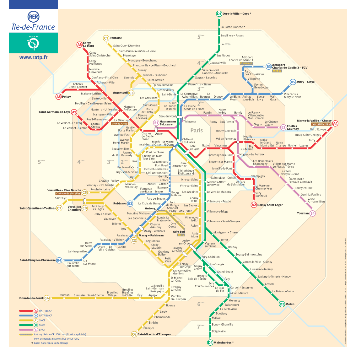 RER map of paris from ratp with all the stations and the direction in paris to go to the marias nad saint-germain des pres, to visit the left bank anf the historical places, to find an apartment for rent in paris.